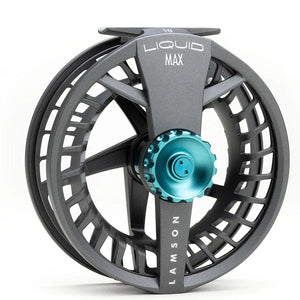 Lamson Liquid Max fly reel, gray frame with teal drag knob, front view