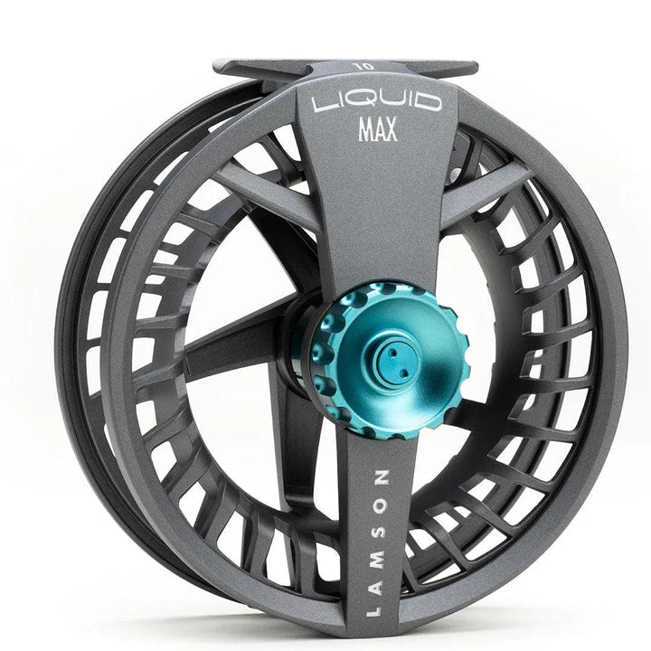 Lamson Liquid Max fly reel in Tidal, drag side with teal drag knob
