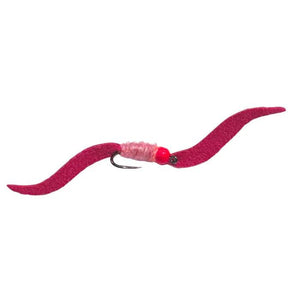 Mossy Creek MC Suede Juan Worm fly in pink with bright bead and wire-wrapped hook, side view