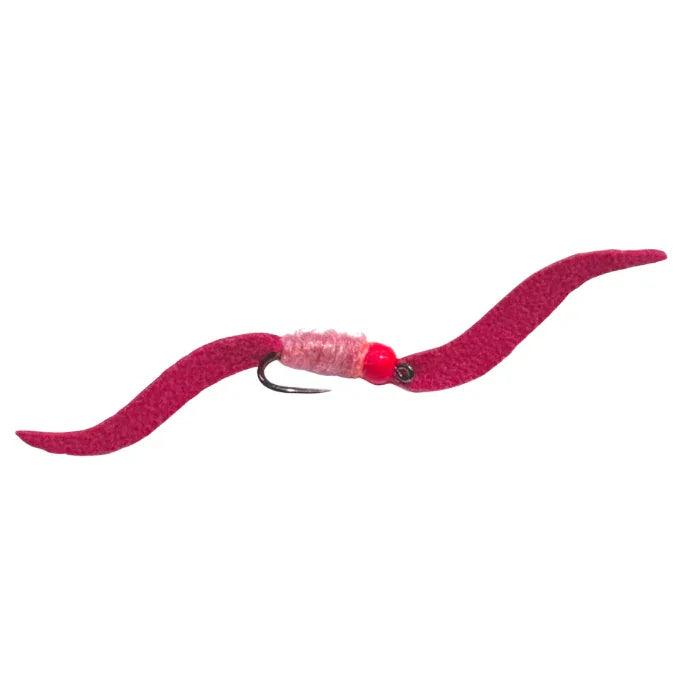 Mossy Creek MC Suede Juan Worm fly in pink with bright bead and wire-wrapped hook, side view