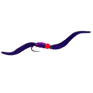 Mossy Creek MC Suede Juan Worm fly in purple with bright bead and wire-wrapped hook, side view