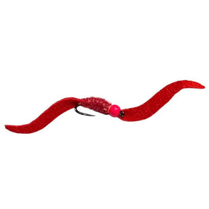 Mossy Creek MC Suede Juan Worm fly in red with bright bead and wire-wrapped hook, side view