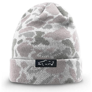 Mossy Creek Fly Fishing beanie in Blizzard gray and white duck camo with woven trout label on cuff