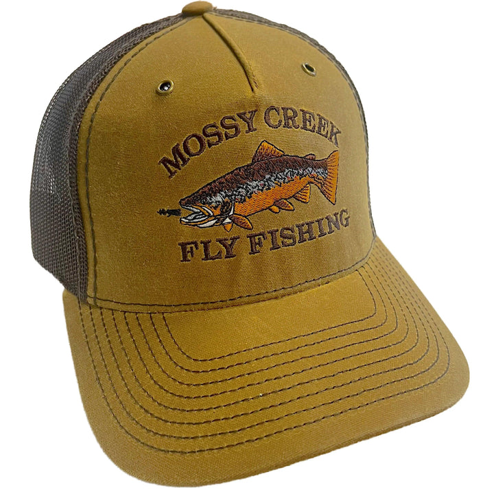 Mossy Creek Fly Fishing Hawthorne waxed trucker hat with tan waxed cotton front, brown mesh and our vintage brown trout logo