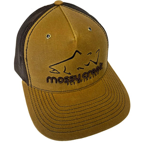 Mossy Creek Hawthorne waxed trucker hat with whiskey brown waxed cotton front, brown mesh and our trout outline logo