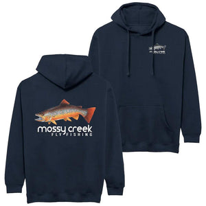 Mossy Creek Fly Fishing hoodie in navy, back with brown trout logo and front with chest logo