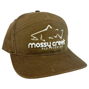 Mossy Creek Fly Fishing Pioneer oiled canvas hat in buck brown waxed canvas with white trout outline logo