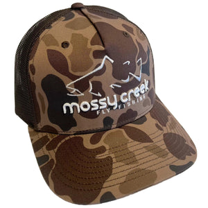 Mossy Creek Fly Fishing logo trucker hat with brown duck camo front, brown mesh and white trout logo, front angle view