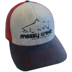 Mossy Creek Fly Fishing logo trucker hat with light gray front, cardinal mesh and navy bill, front angle view