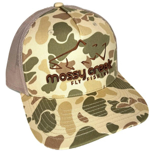 Mossy Creek Fly Fishing logo trucker hat with tan duck camo front, khaki mesh and brown trout logo, front angle view
