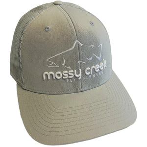 Mossy Creek Fly Fishing logo trucker hat with quarry gray front and mesh with white trout logo, front angle view