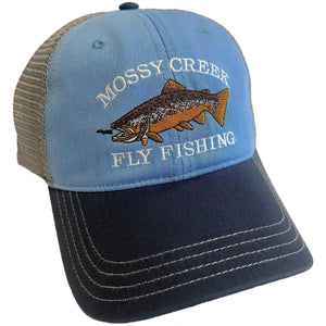 Mossy Creek Fly Fishing unstructured trucker hat with light blue front, charcoal mesh and navy bill and brown trout logo
