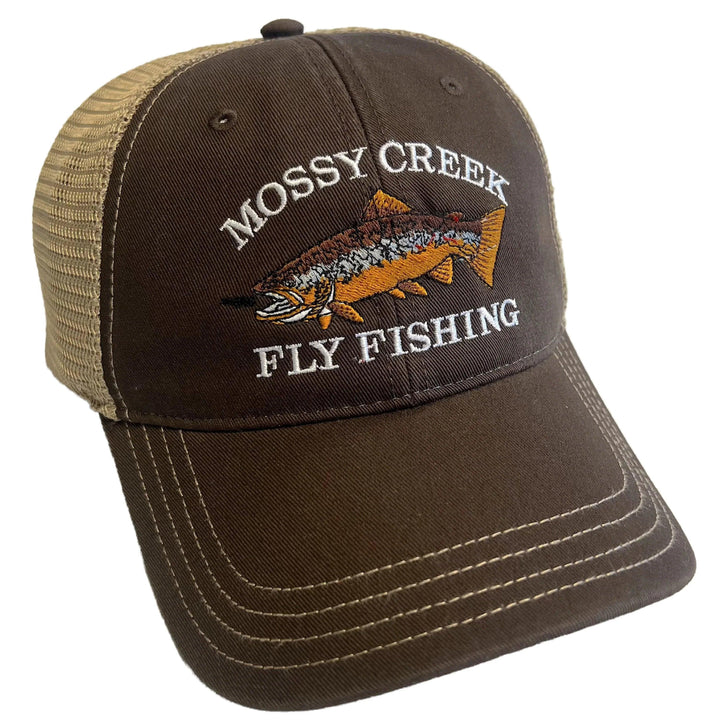 Mossy Creek Fly Fishing unstructured trucker hat with brown front and bill with khaki mesh and brown trout logo