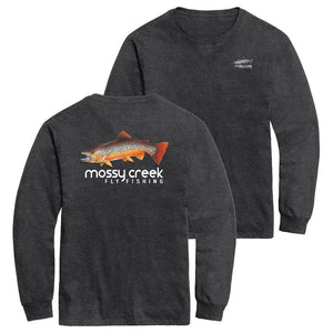 Mossy Creek Fly Fishing long sleeve tee in heather black, back with brown trout logo and front with chest logo