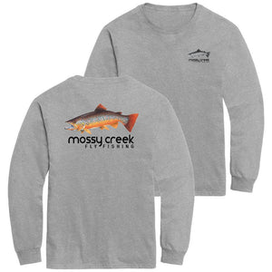 Mossy Creek Fly Fishing long sleeve tee in heather grey, back with brown trout logo and front with chest logo