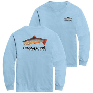 Mossy Creek Fly Fishing long sleeve tee in light blue, back with brown trout logo and front with chest logo