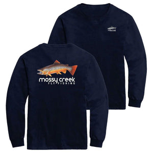 Mossy Creek Fly Fishing long sleeve tee in navy, back with brown trout logo and front with chest logo