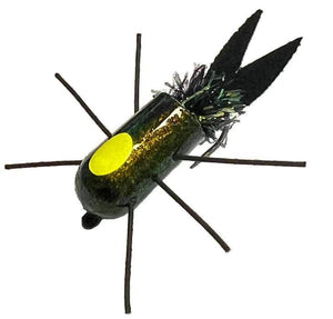 Mossy Creek popper tied with black MC Bug Wings, yellow eye and black rubber legs