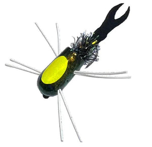 Mossy Creek popper tied with a black MC Dragonfly Tail, yellow eye and white rubber legs
