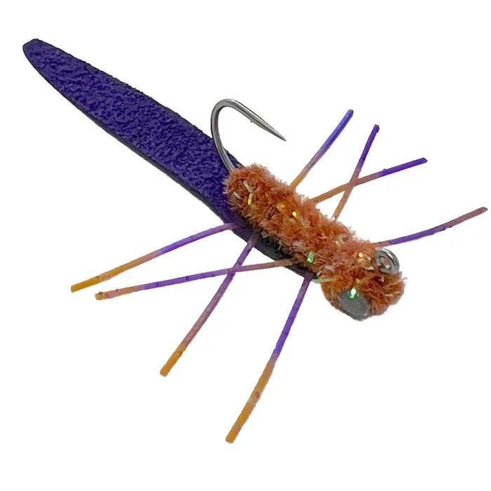 Mossy Creek Ned Rig fly in PB&J with purple tail, orange body and purple-tipped legs, dumbbell eyes and jig hook