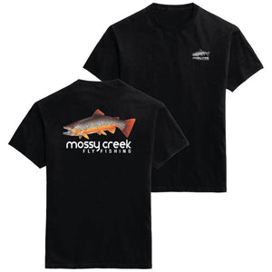 Mossy Creek Fly Fishing short sleeve tee in black, back with brown trout logo and front with chest logo