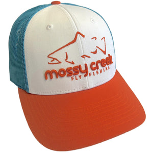 Mossy Creek Fly Fishing small trucker hat with white front, blue mesh, orange bill and an orange logo