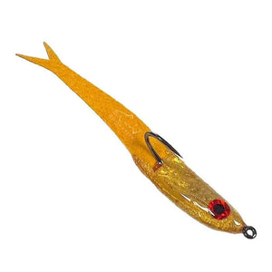 Mossy Creek Spoon Minnow fly in gold with gold body, gold forked tail and red eye, side view