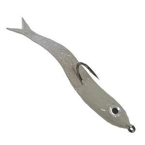 Mossy Creek Spoon Minnow fly in gray with gray body, gray forked tail and silver eye, side view