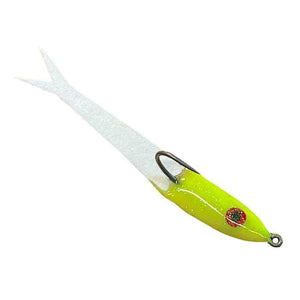 Mossy Creek Spoon Minnow fly in white/chartreuse with chartreuse head, white forked tail and red eye, side view