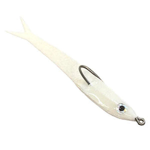 Mossy Creek Spoon Minnow fly in white with white body, white forked tail and black eye, side view