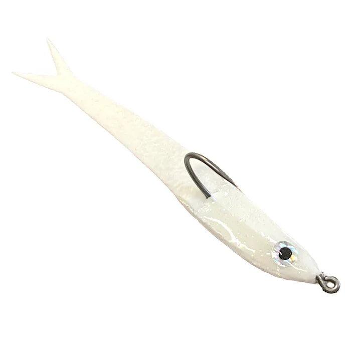 Mossy Creek Spoon Minnow fly in white with white body, white forked tail and black eye, side view