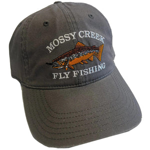 Mossy Creek Fly Fishing vintage 6-panel hat in dark grey with brown trout logo, front angle view