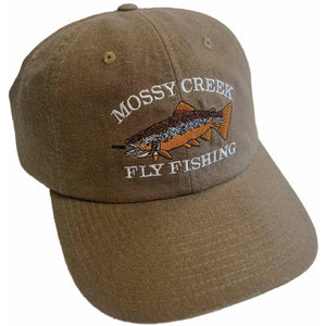 Mossy Creek Fly Fishing vintage 6-panel hat in brown with brown trout logo, front angle view
