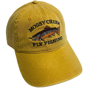 Mossy Creek Fly Fishing vintage 6-panel hat in mustard with brown trout logo, front angle view