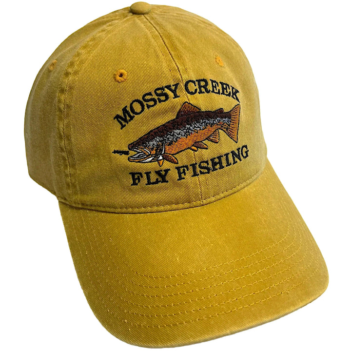Mossy Creek Fly Fishing vintage 6-panel hat in mustard with brown trout logo, front angle view