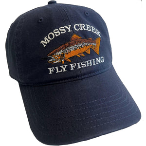 Mossy Creek Fly Fishing vintage 6-panel hat in navy with brown trout logo, front angle view