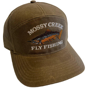 Mossy Creek Fly Fishing Pioneer oiled canvas hat in buck brown waxed canvas with vintage brown trout logo