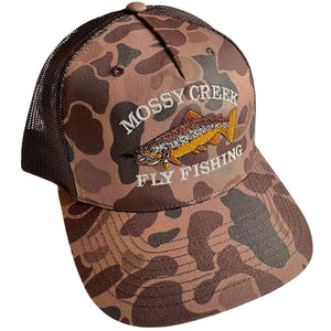 Mossy Creek vintage logo trucker hat with brown bark duck camo front and bill with brown mesh and brown trout logo