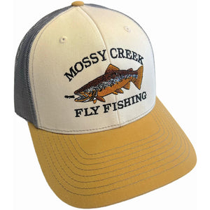 Mossy Creek Fly Fishing vintage logo trucker hat with beige front, charcoal mesh and amber bill and brown trout logo