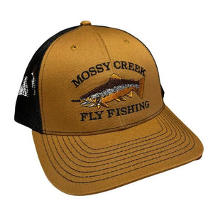 Mossy Creek Fly Fishing vintage logo trucker hat with caramel front and bill with black mesh and brown trout logo