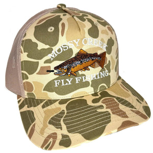 Mossy Creek vintage logo trucker hat with tan harvest duck camo front and bill with khaki mesh and brown trout logo