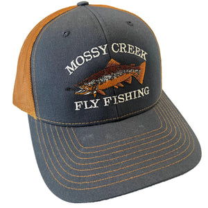 Mossy Creek Fly Fishing vintage logo trucker hat with navy front and bill with caramel mesh and brown trout logo