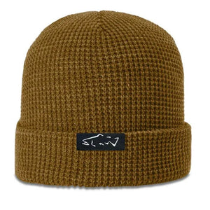 Mossy Creek Fly Fishing waffle knit beanie in curry with folded cuff and woven trout label