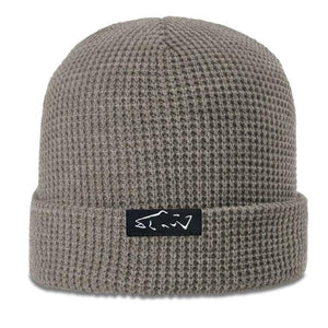 Mossy Creek Fly Fishing waffle knit beanie in dark sand with folded cuff and woven trout label