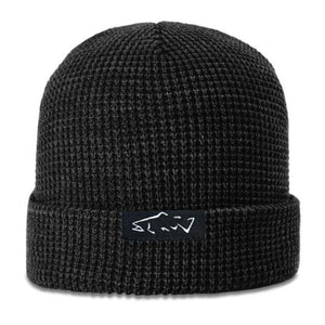Mossy Creek Fly Fishing waffle knit beanie in gun metal with folded cuff and woven trout label