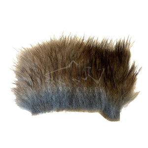 Muskrat fur piece with grey underfur and brown-tipped guard hairs for fly tying