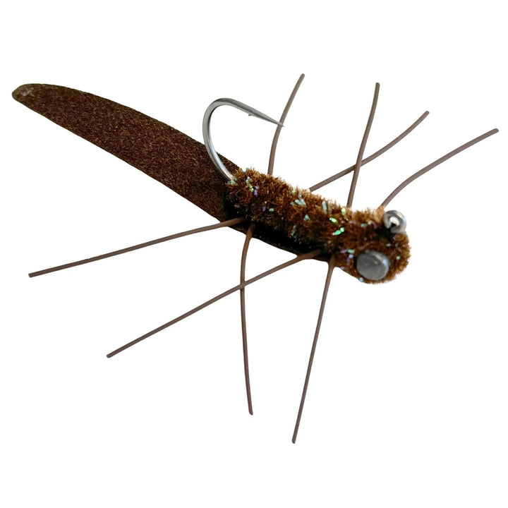 Mossy Creek Ned Rig fly in brown with brown tail, brown chenille body and brown legs, dumbbell eyes and jig hook