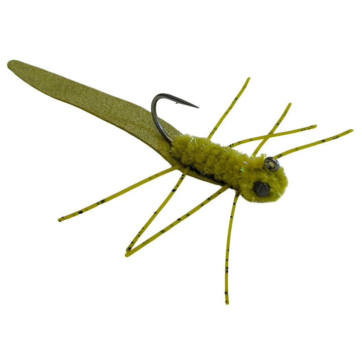 Mossy Creek Ned Rig fly in light olive with light olive tail, body and legs, dumbbell eyes and jig hook