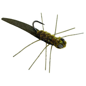 Mossy Creek Ned Rig fly in olive with olive tail, olive body and legs, dumbbell eyes and jig hook