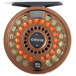 Orvis Battenkill Disc fly reel in Copper with orange line, front view